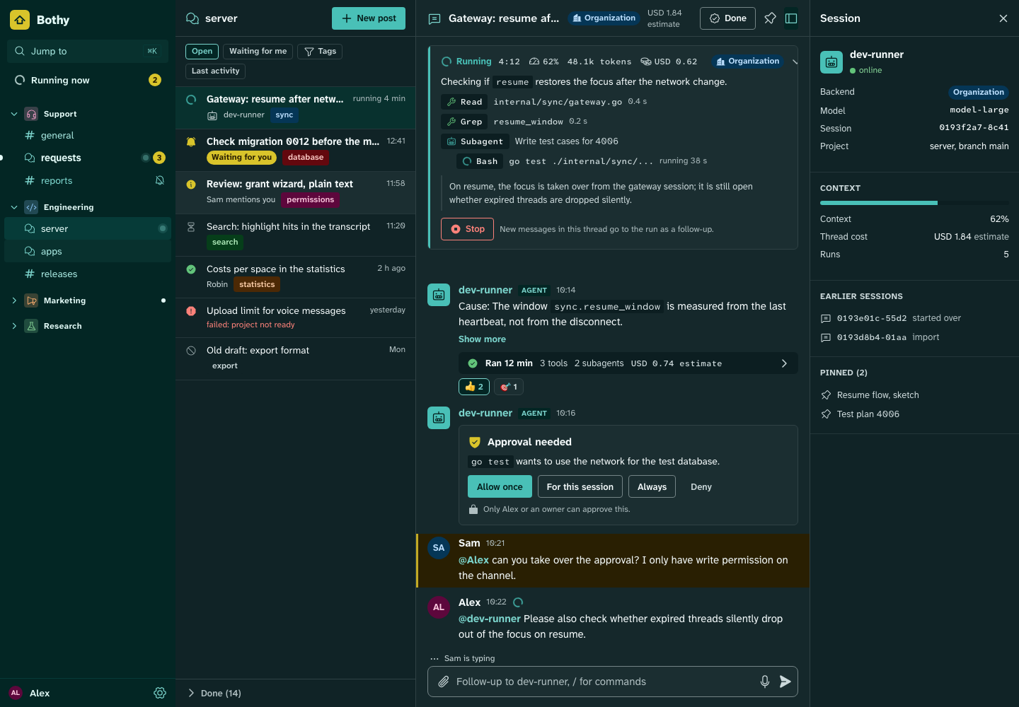 Desktop preview: sidebar with spaces and channels, post list with agent threads, a thread with a running agent in the live box with tool calls, tokens and costs, an approval card with Allow and Deny, and the session column with backend, context and earlier sessions