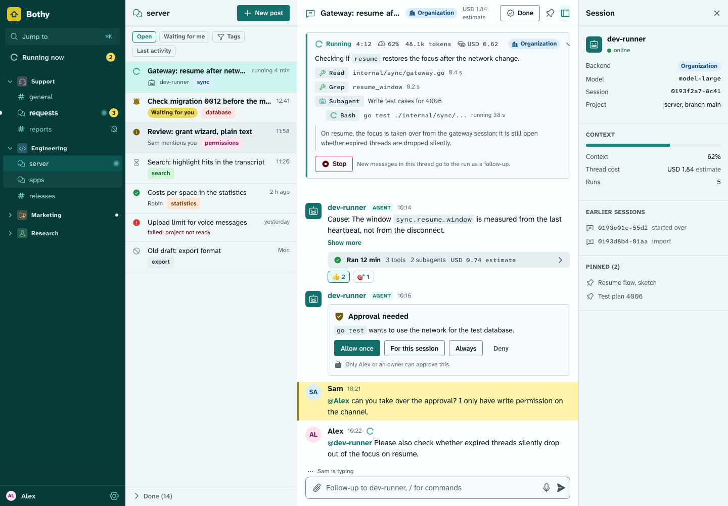 Desktop preview: sidebar with spaces and channels, post list with agent threads, a thread with a running agent in the live box with tool calls, tokens and costs, an approval card with Allow and Deny, and the session column with backend, context and earlier sessions
